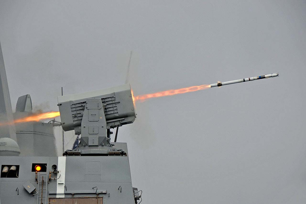 The USS New Orleans fires a surface to air intercept missile from it's Rolling Airframe Missile launcher while off the coast of California during a live-fire exercise in 2013.